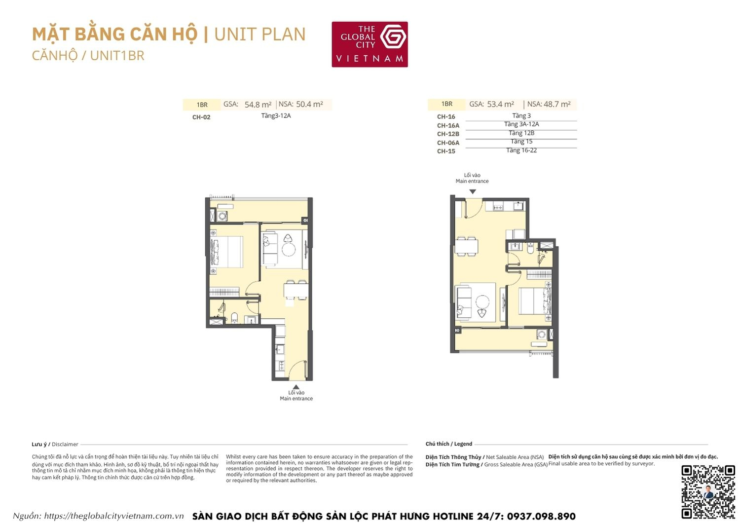 Mặt bằng chi tiết căn hộ 1 phòng ngủ (1BR) diện tích 48.7m2 - 50.4m2 Masteri Park Place - The Global City