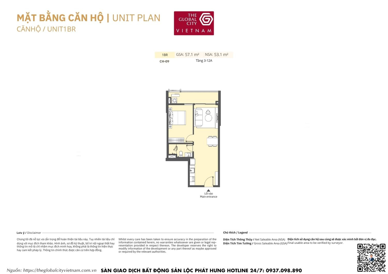 Mặt bằng chi tiết căn hộ 1 phòng ngủ (1BR) CH-09 diện tích 53.1m2 Masteri Park Place - The Global City