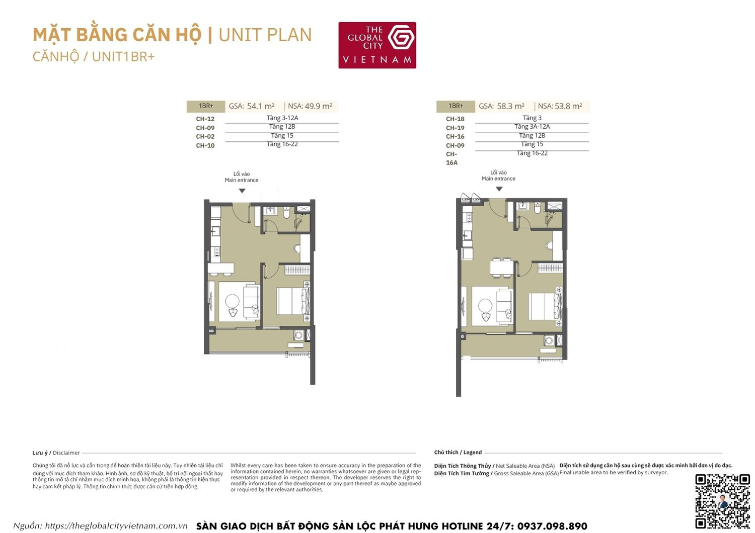Mặt bằng chi tiết căn hộ 1 phòng ngủ cộng (1BR+) diện tích 49.9m2 - 53.8m2 Masteri Park Place - The Global City