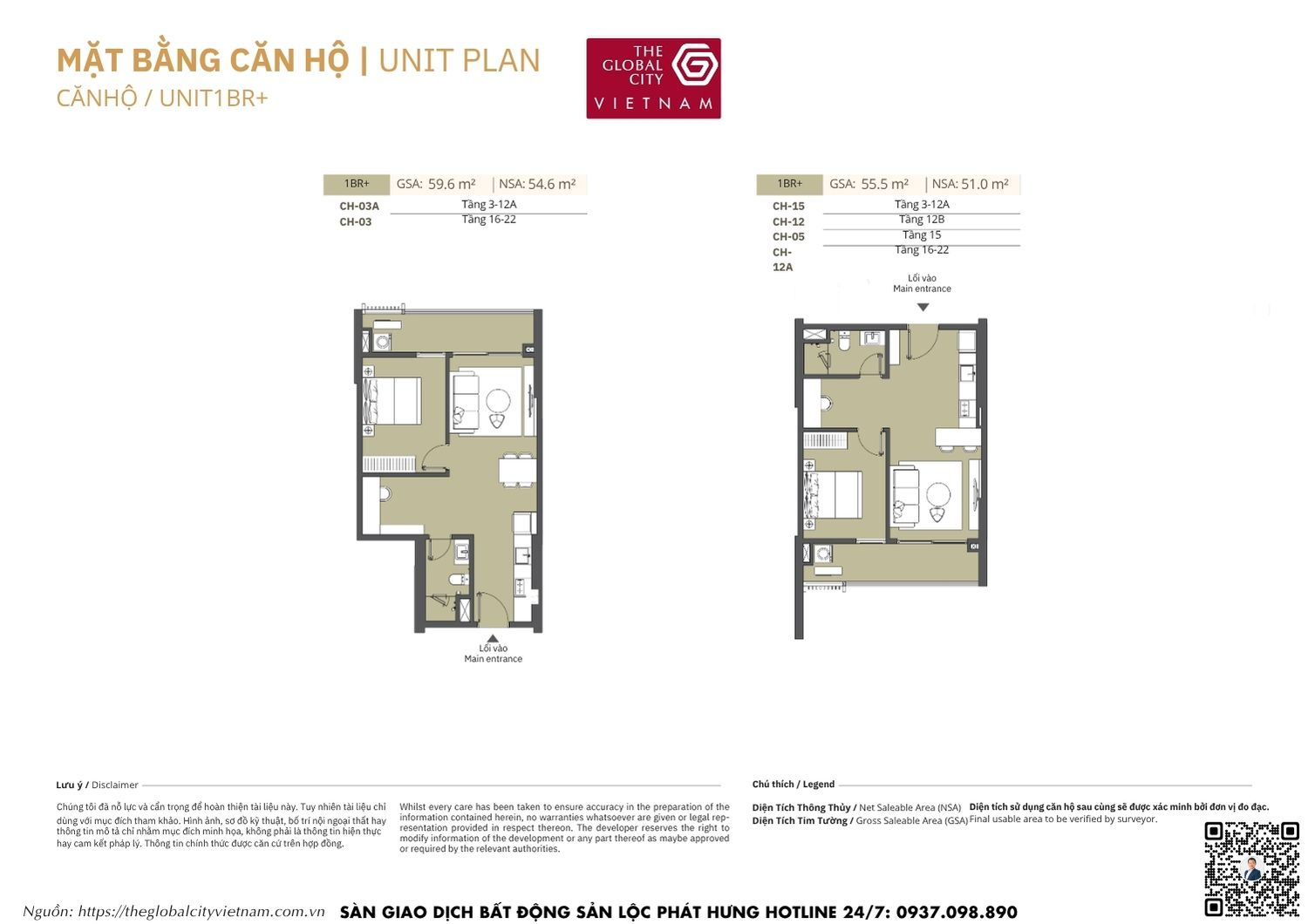 Mặt bằng chi tiết căn hộ 1 phòng ngủ cộng (1BR+) diện tích 51.0m2 - 54.6m2 Masteri Park Place - The Global City