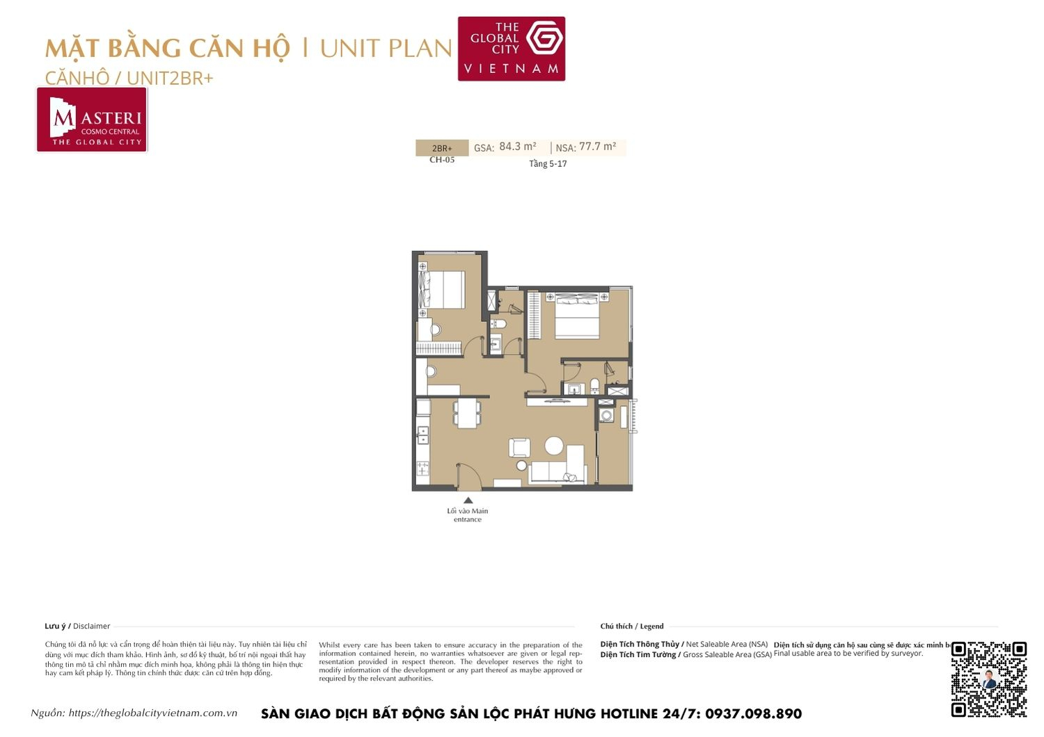 Mặt bằng chi tiết căn hộ 2 phòng ngủ (2PN) diện tích 84.3m² dự án Masteri Cosmo Central The Global City Quận 2