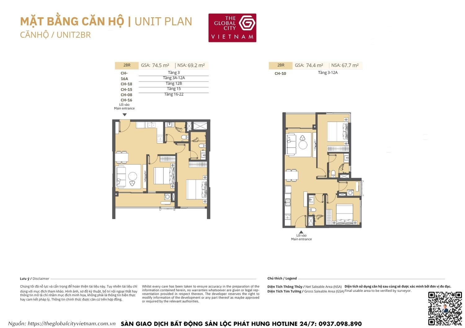 Mặt bằng chi tiết căn hộ 2 phòng ngủ (2BR) diện tích 67.7m2 - 69.2m2 Masteri Park Place - The Global City