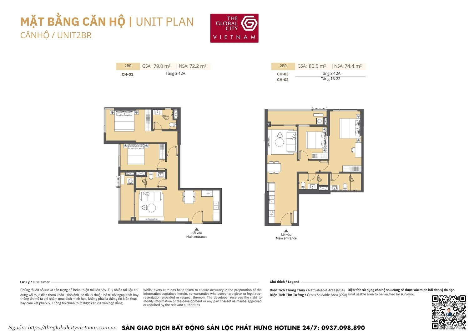 Mặt bằng chi tiết căn hộ 2 phòng ngủ (2BR) diện tích 72.2m2 - 74.4m2 Masteri Park Place - The Global City