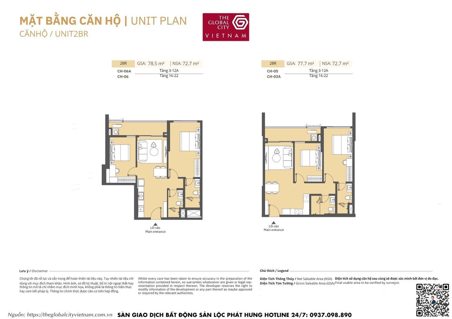 Mặt bằng chi tiết căn hộ 2 phòng ngủ (2BR) CH-05 & CH-06 diện tích 72.7m2 Masteri Park Place - The Global City