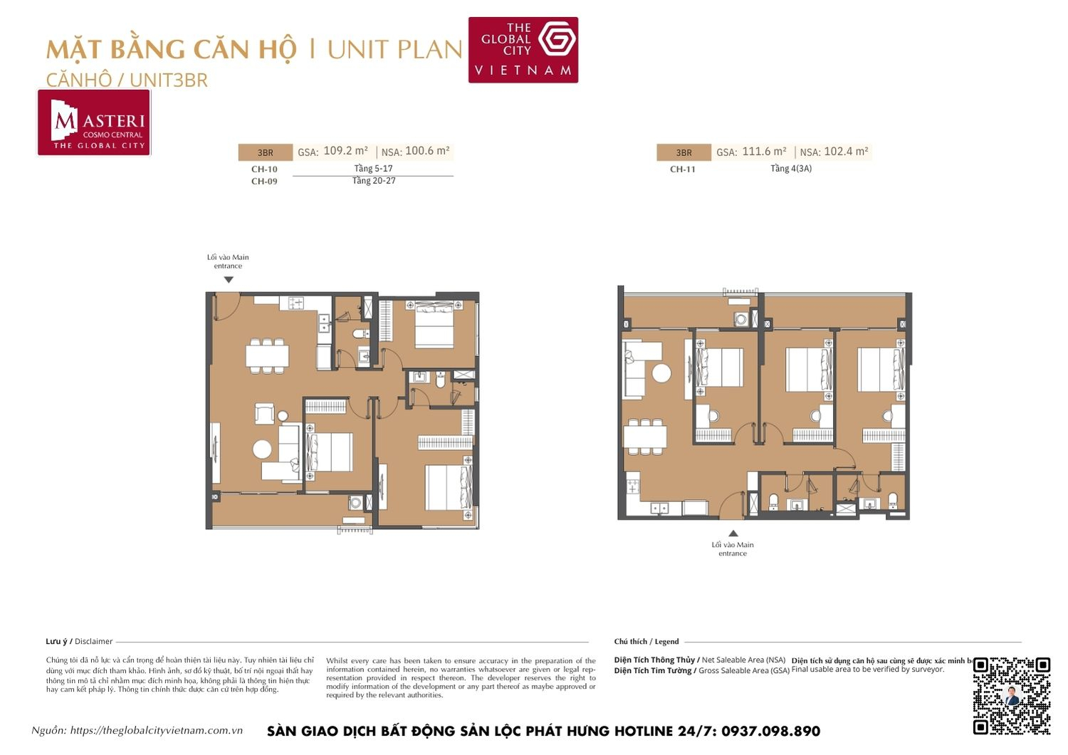 Mặt bằng chi tiết căn hộ 3 phòng ngủ (3PN) diện tích 109.2m² và 111.6m² dự án Masteri Cosmo Central The Global City Quận 2