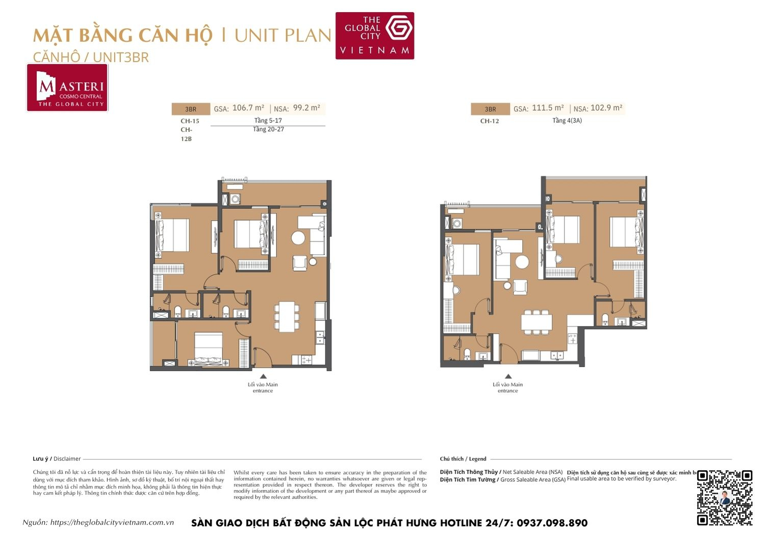 Mặt bằng chi tiết căn hộ 3 phòng ngủ (3PN) diện tích 106.7m² và 111.5m² dự án Masteri Cosmo Central The Global City Quận 2