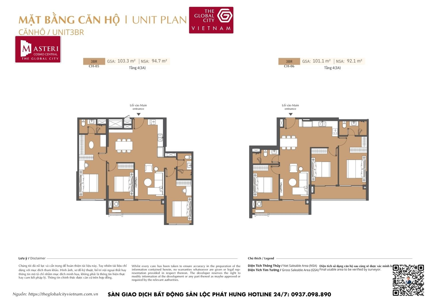 Mặt bằng chi tiết căn hộ 3 phòng ngủ (3PN) diện tích 103.3m² và 101.1m² dự án Masteri Cosmo Central The Global City Quận 2
