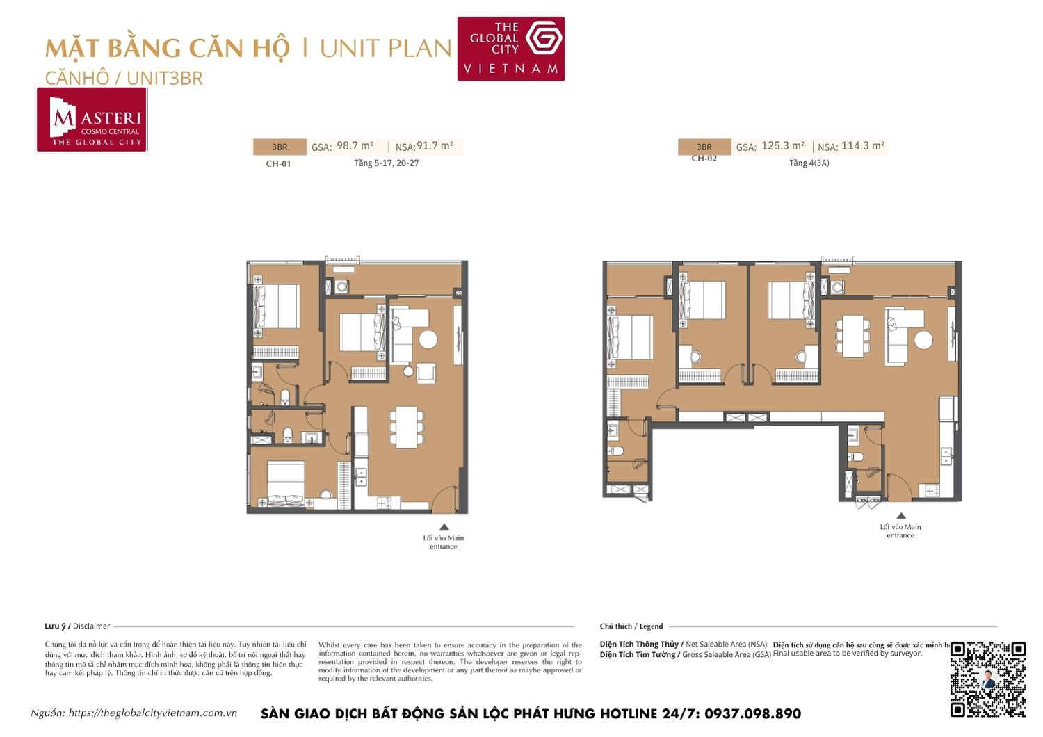 Mặt bằng chi tiết căn hộ 3 phòng ngủ (3PN) diện tích 98.7m² và 125.3m² dự án Masteri Cosmo Central The Global City Quận 2