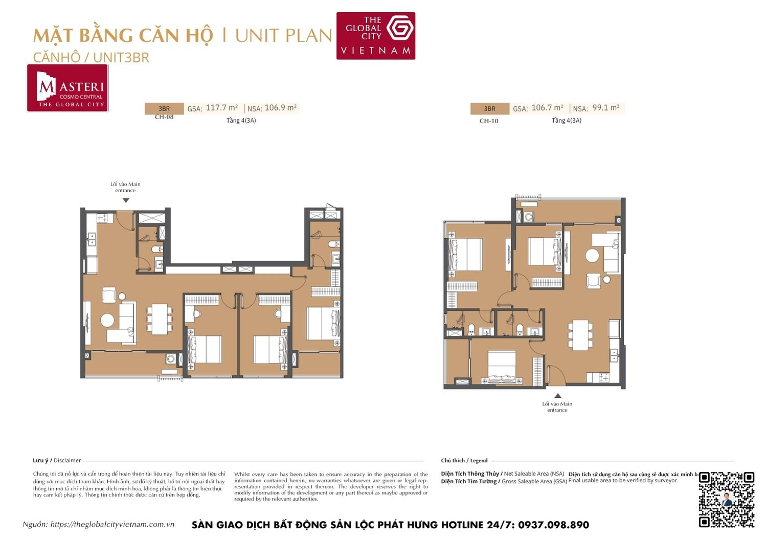 Mặt bằng chi tiết căn hộ 3 phòng ngủ (3PN) diện tích 117.7m² và 106.7m² dự án Masteri Cosmo Central The Global City Quận 2