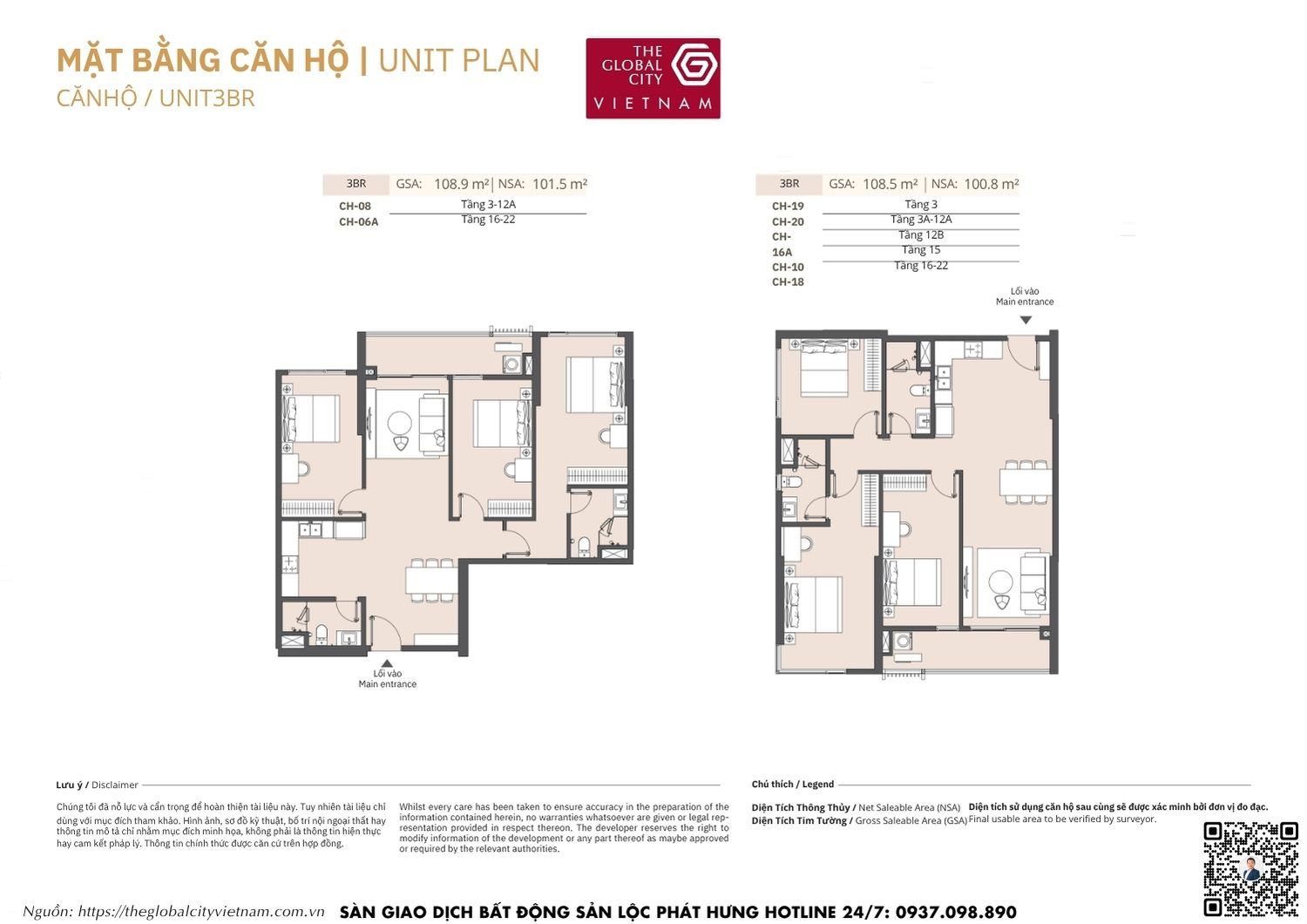 Mặt bằng chi tiết căn hộ 3 phòng ngủ (3BR) diện tích 100.8m2 - 101.5m2 Masteri Park Place - The Global City
