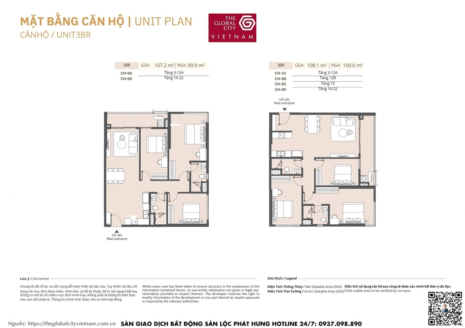 Mặt bằng chi tiết căn hộ 3 phòng ngủ (3BR) diện tích 99.9m2 - 100.6m2 Masteri Park Place - The Global City
