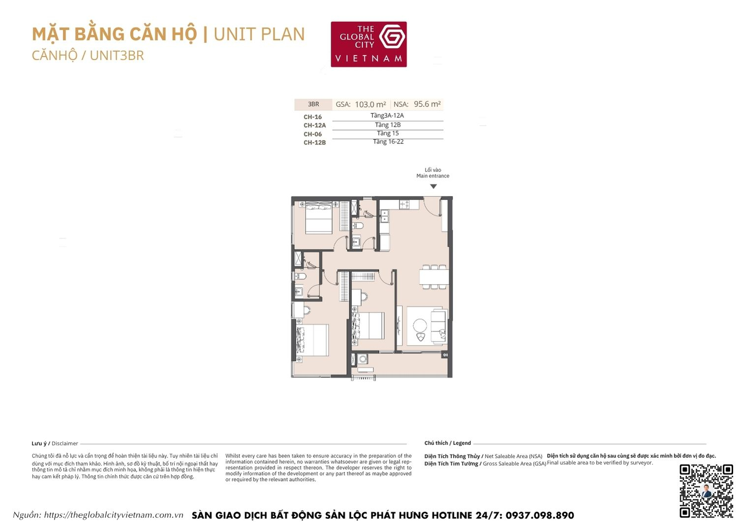 Mặt bằng chi tiết căn hộ 3 phòng ngủ (3BR) diện tích 95.6m2 Masteri Park Place - The Global City