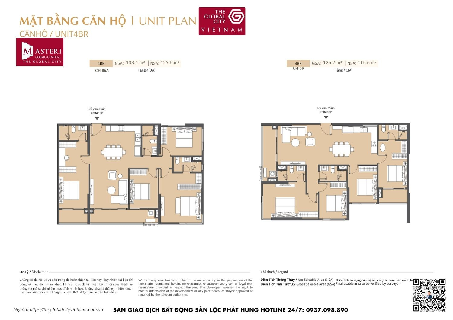 Mặt bằng chi tiết căn hộ 4 phòng ngủ (4PN) diện tích 138.1m² và 125.7m² dự án Masteri Cosmo Central The Global City Quận 2