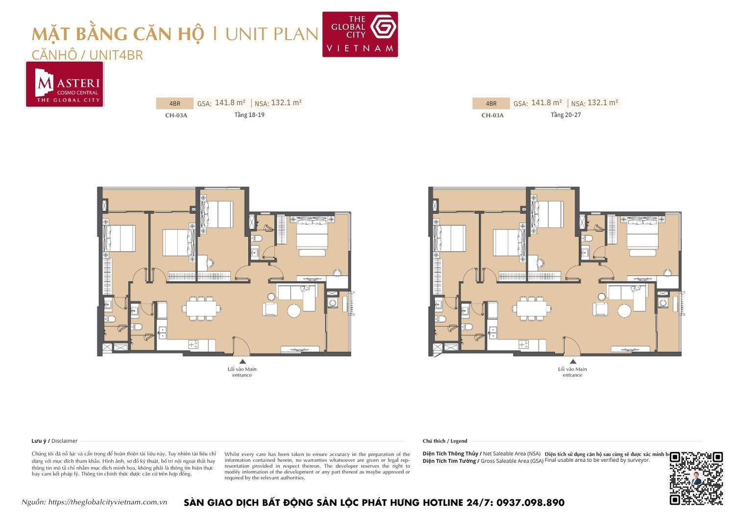 Mặt bằng chi tiết căn hộ 4 phòng ngủ (4PN) diện tích 141.8m² dự án Masteri Cosmo Central The Global City Quận 2