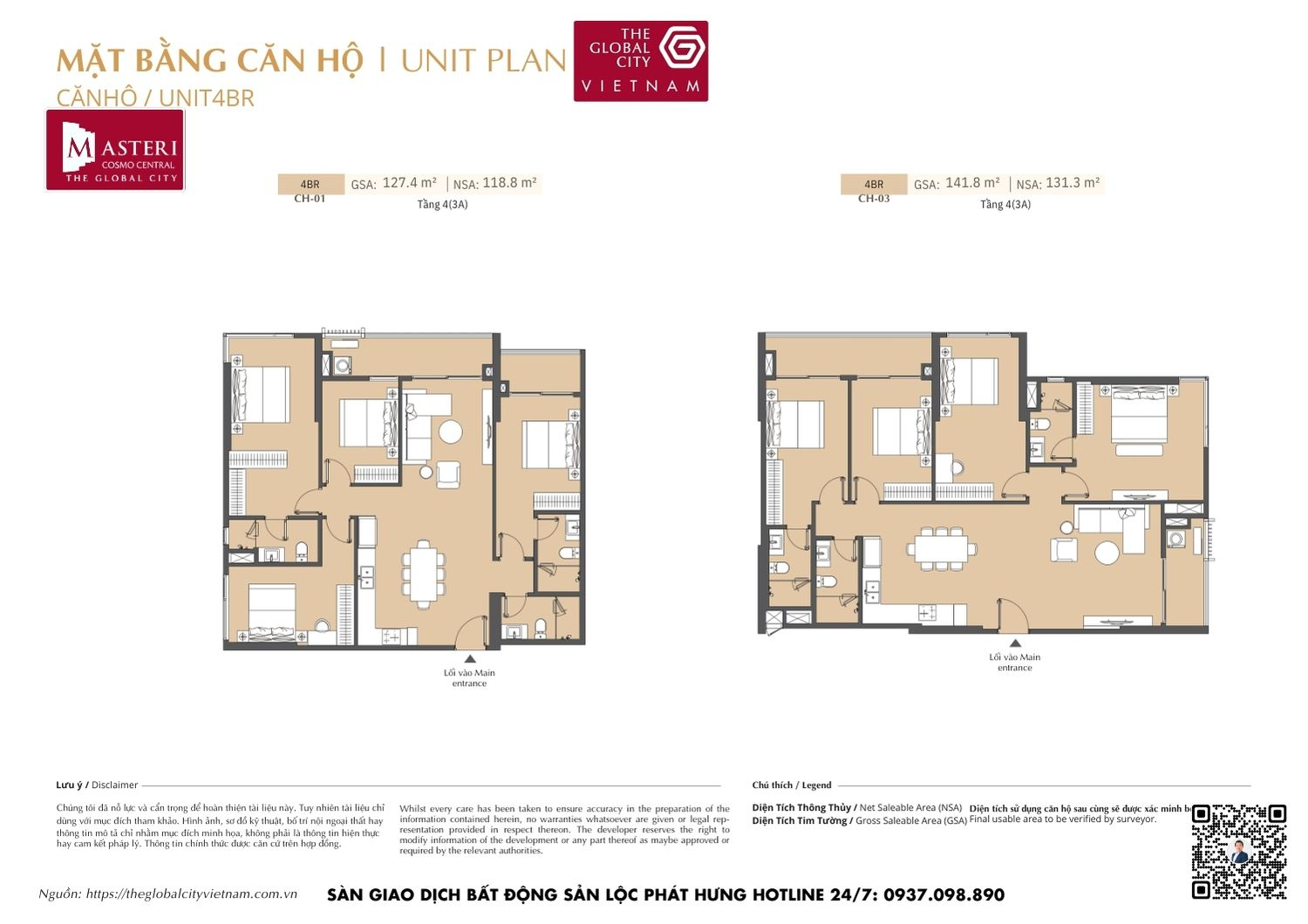 Mặt bằng chi tiết căn hộ 4 phòng ngủ (4PN) diện tích 127.4m² và 141.8m² dự án Masteri Cosmo Central The Global City Quận 2