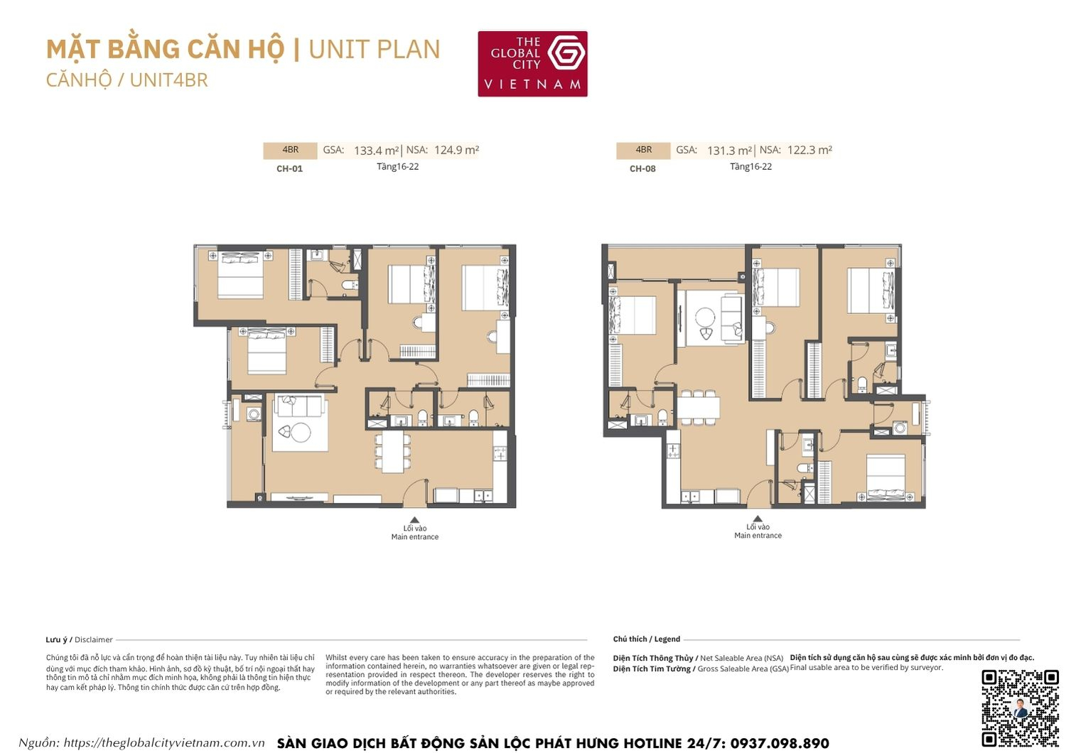 Mặt bằng chi tiết căn hộ 4 phòng ngủ (4BR) diện tích 122.3m2 - 124.9m2 Masteri Park Place - The Global City