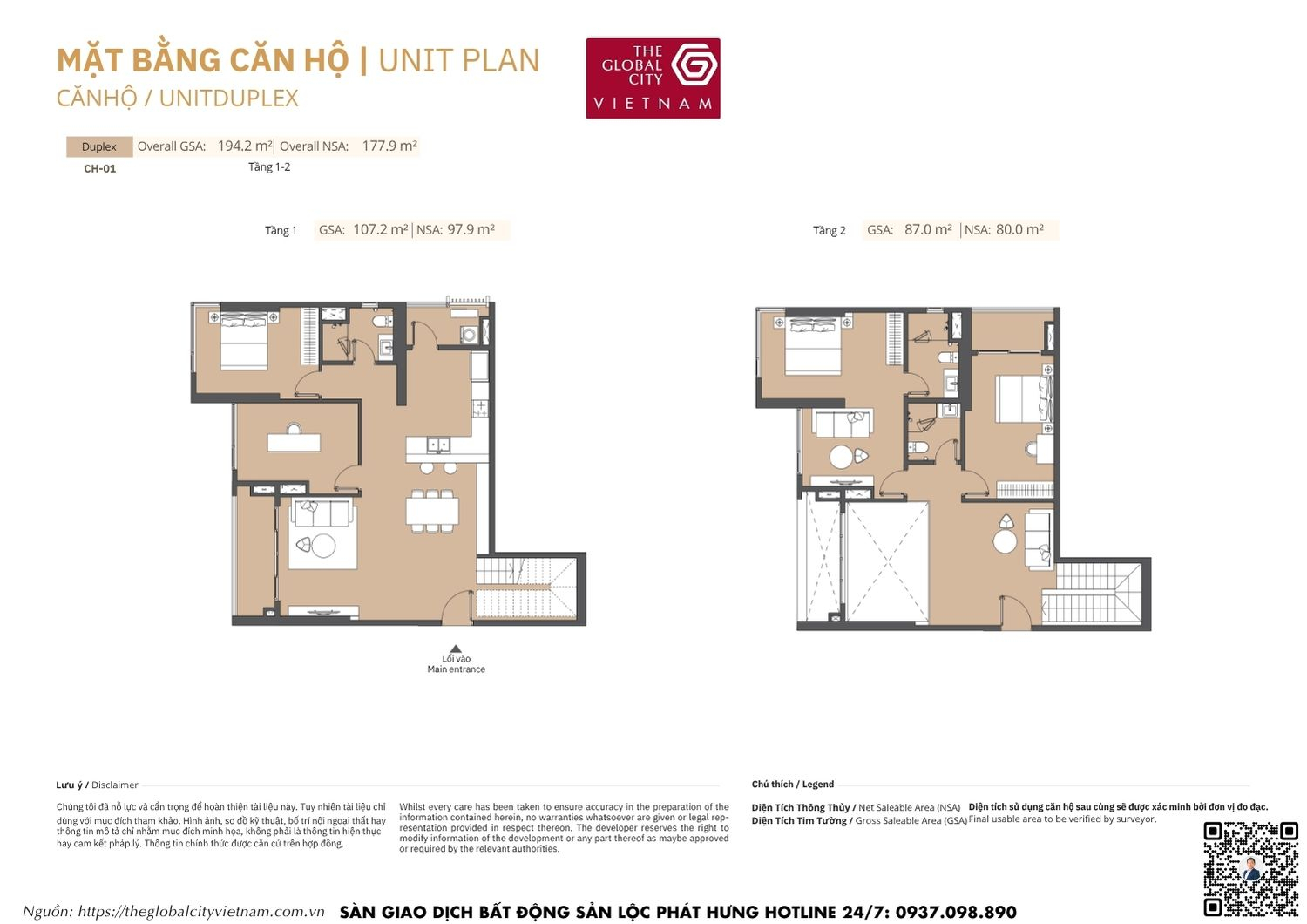 Mặt bằng chi tiết căn hộ Duplex CH-01 diện tích từ 80.0m2 - 97.9m2 Masteri Park Place - The Global City