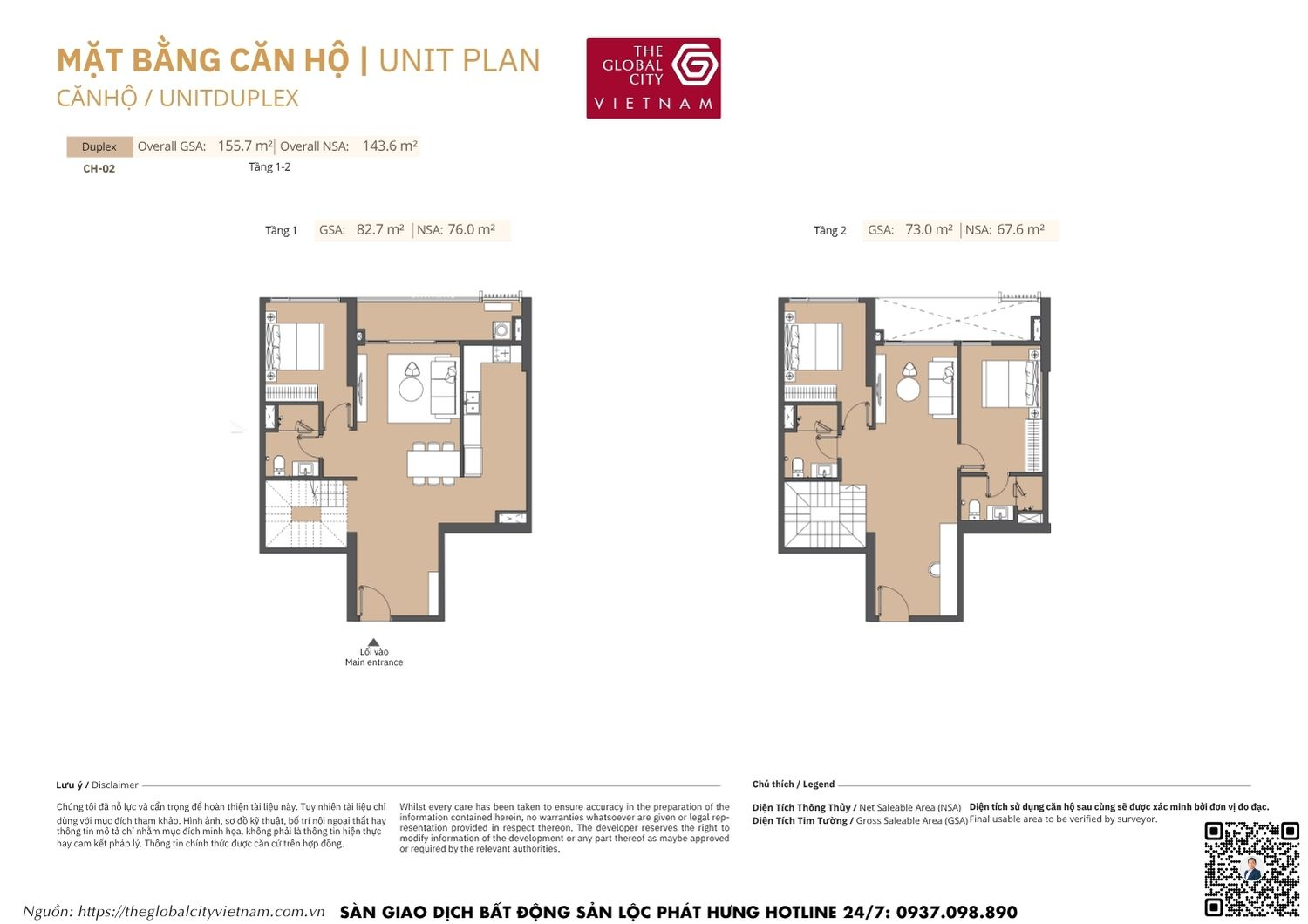Mặt bằng chi tiết căn hộ Duplex CH-02 diện tích từ 67.6m2 - 76.0m2 Masteri Park Place - The Global City