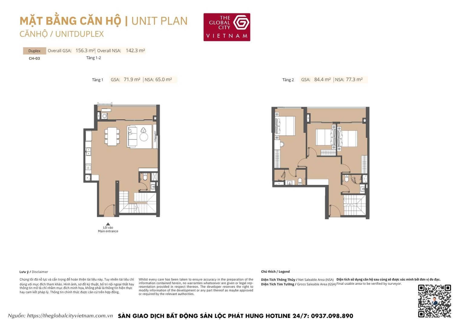 Mặt bằng chi tiết căn hộ Duplex CH-03 diện tích từ 65.0m2 - 77.3m2 Masteri Park Place - The Global City