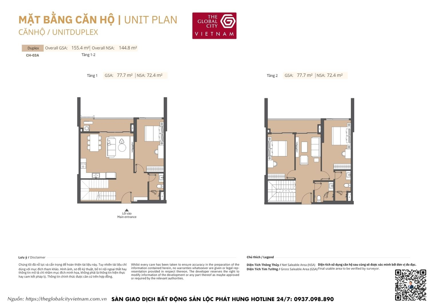 Mặt bằng chi tiết căn hộ Duplex CH-03A diện tích 72.4m2 Masteri Park Place - The Global City