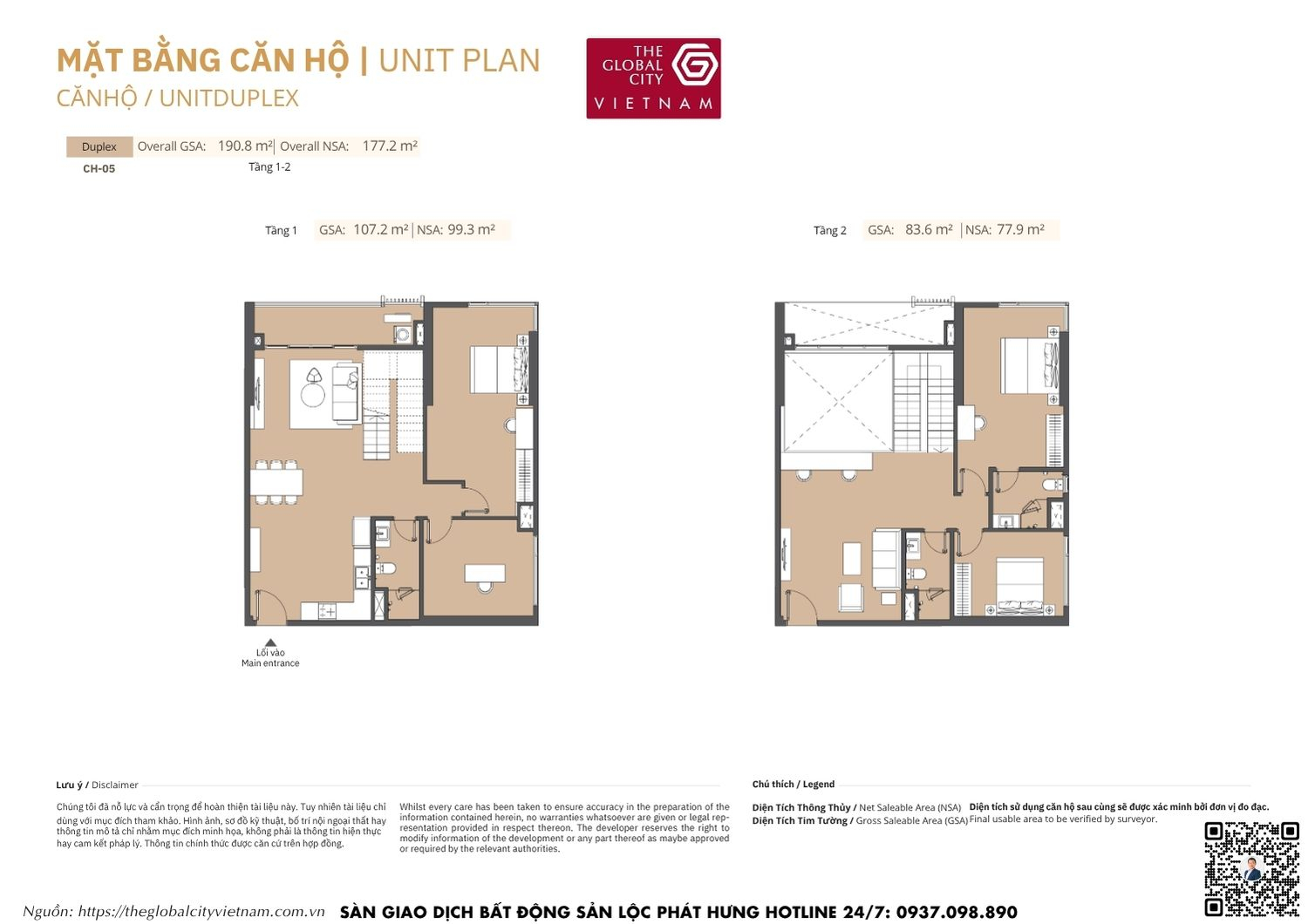 Mặt bằng chi tiết căn hộ Duplex CH-05 diện tích từ 77.9m2 - 99.3m2 Masteri Park Place - The Global City
