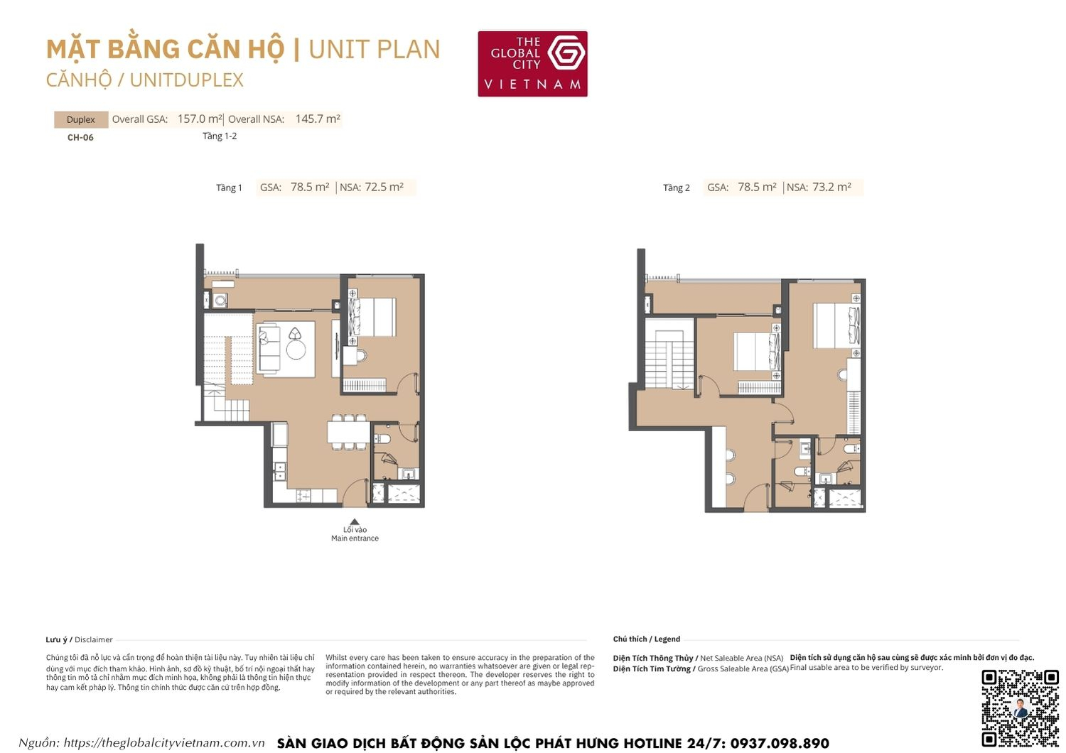 Mặt bằng chi tiết căn hộ Duplex CH-06 diện tích từ 72.5m2 - 73.2m2 Masteri Park Place - The Global City