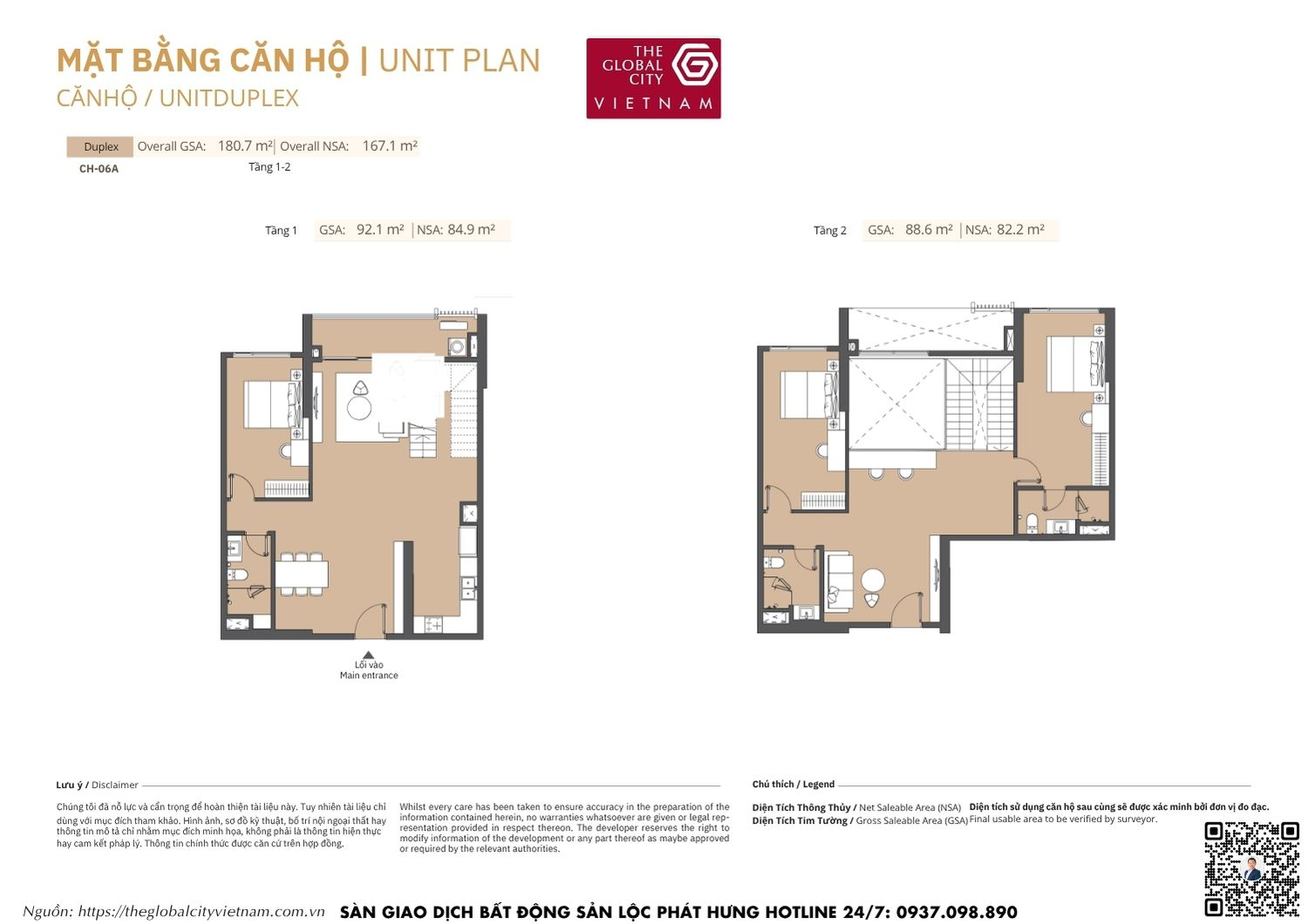 Mặt bằng chi tiết căn hộ Duplex CH-06A diện tích từ 82.2m2 - 84.9m2 Masteri Park Place - The Global City