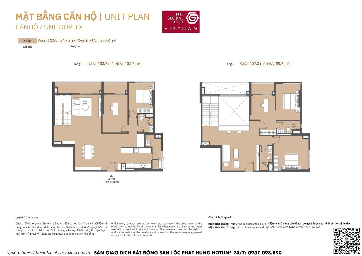 Mặt bằng chi tiết căn hộ Duplex CH-08 diện tích từ 99.7m2 - 132.7m2 Masteri Park Place - The Global City