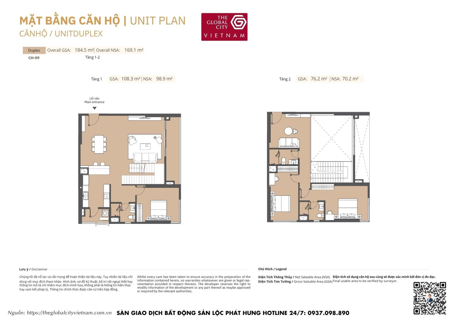 Mặt bằng chi tiết căn hộ Duplex CH-09 diện tích từ 70.2m2 - 98.9m2 Masteri Park Place - The Global City