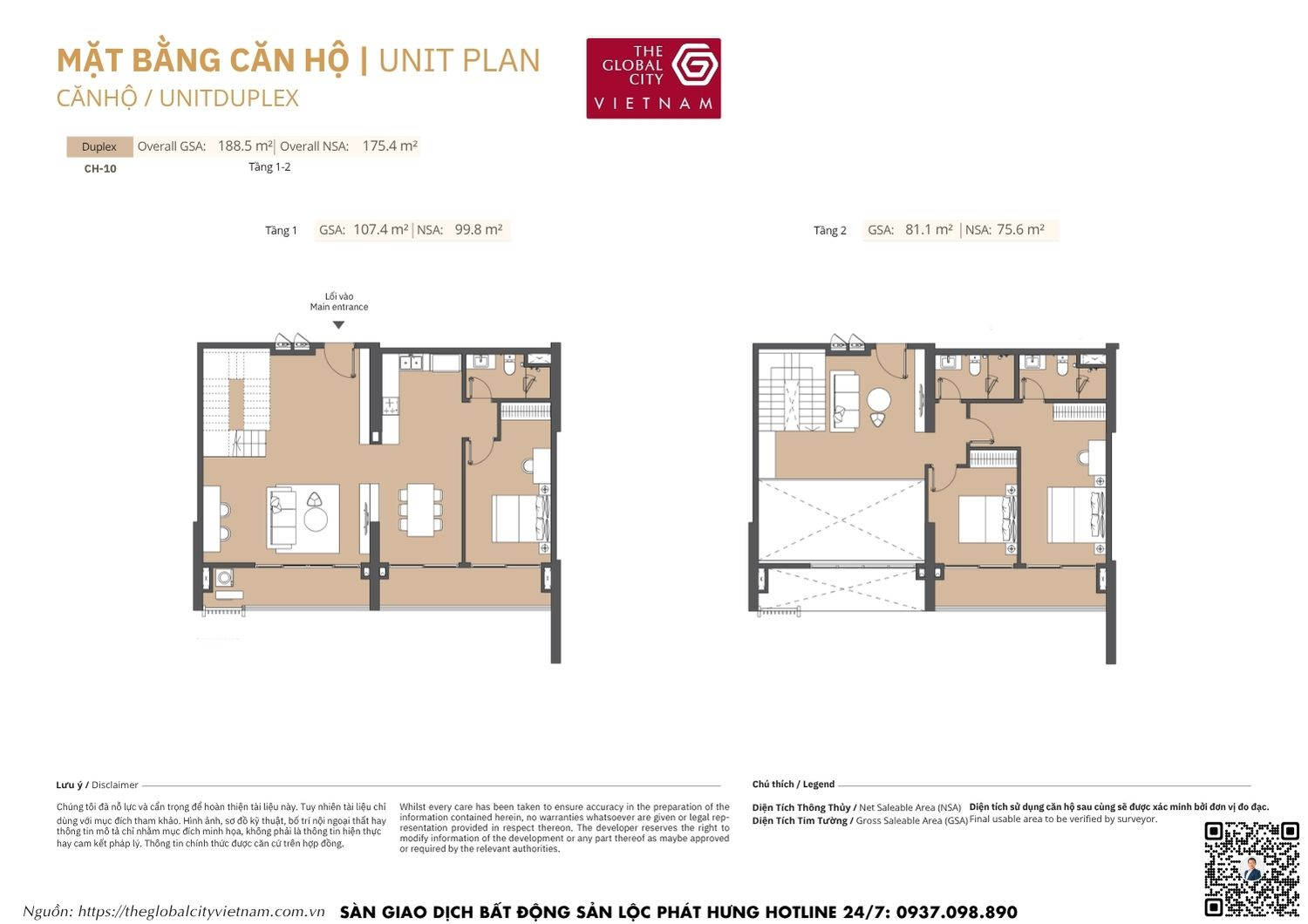 Mặt bằng chi tiết căn hộ Duplex CH-10 diện tích từ 75.6m2 - 99.8m2 Masteri Park Place - The Global City