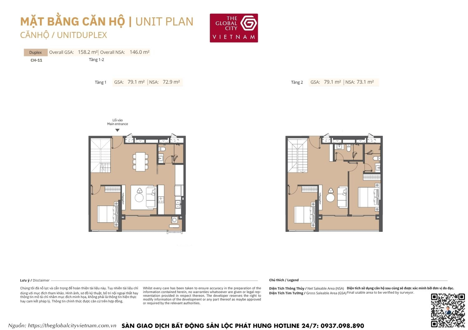 Mặt bằng chi tiết căn hộ Duplex CH-11 diện tích từ 72.9m2 - 73.1m2 Masteri Park Place - The Global City
