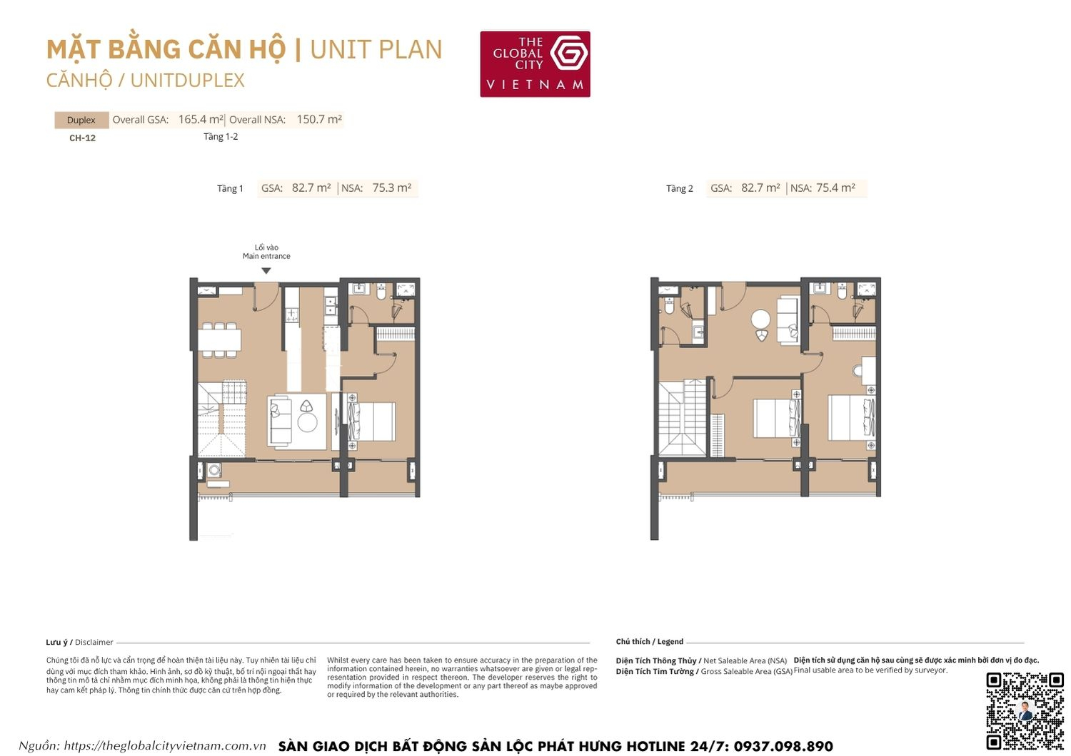 Mặt bằng chi tiết căn hộ Duplex CH-12 diện tích từ 75.3m2 - 75.4m2 Masteri Park Place - The Global City