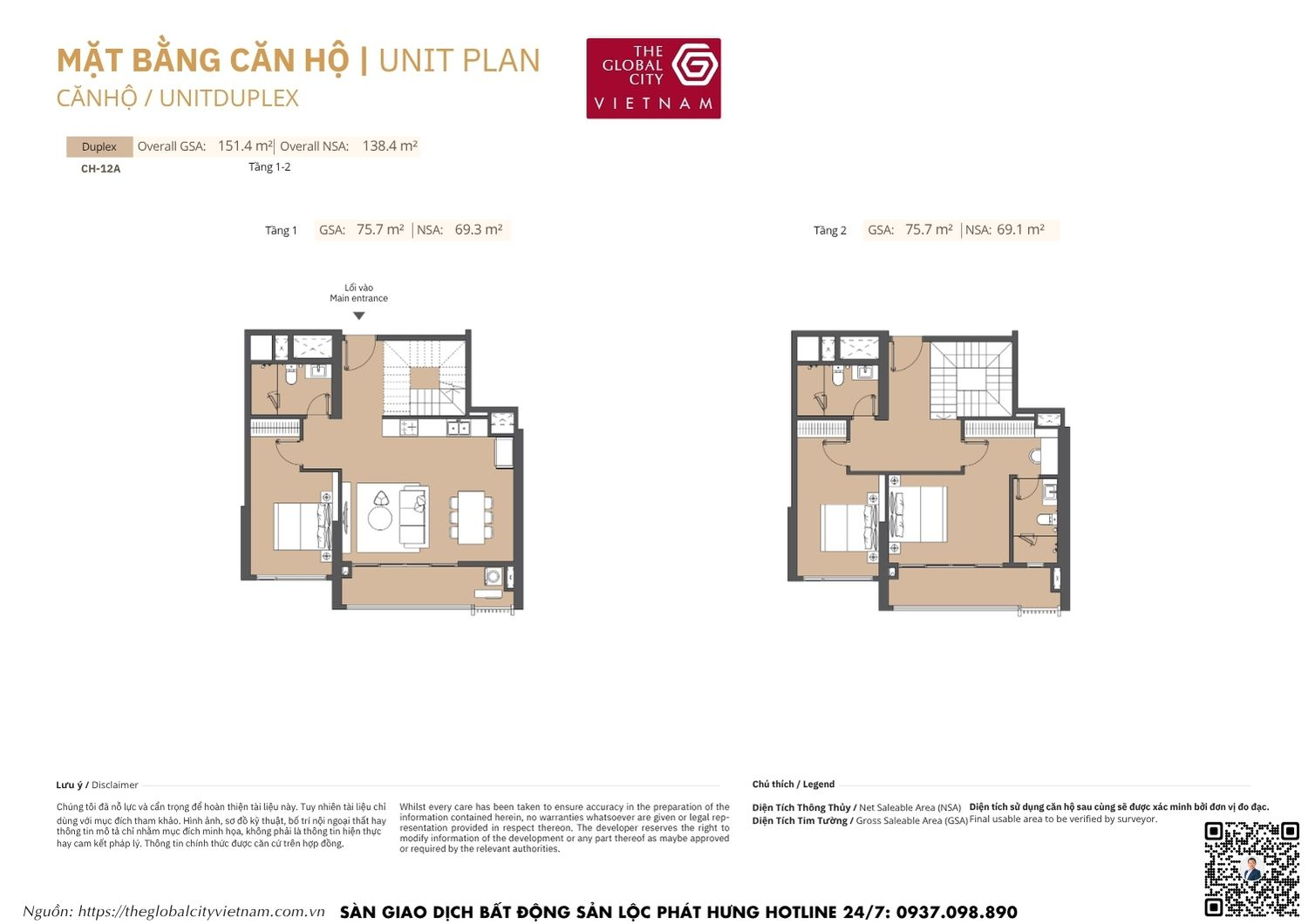 Mặt bằng chi tiết căn hộ Duplex CH-12A diện tích từ 69.1m2 - 69.3m2 Masteri Park Place - The Global City