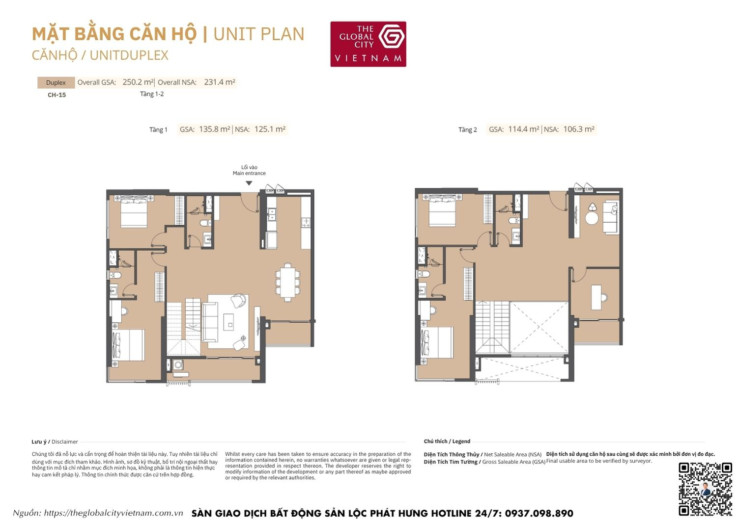 Mặt bằng chi tiết căn hộ Duplex CH-16 diện tích 72.5m2 - 73.2m2 Masteri Park Place - The Global City