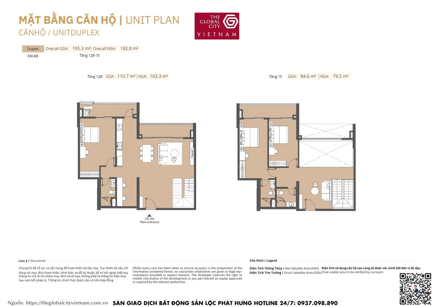 Mặt bằng chi tiết căn hộ Duplex CH-19 diện tích 70.2m2 - 98.9m2 Masteri Park Place - The Global City