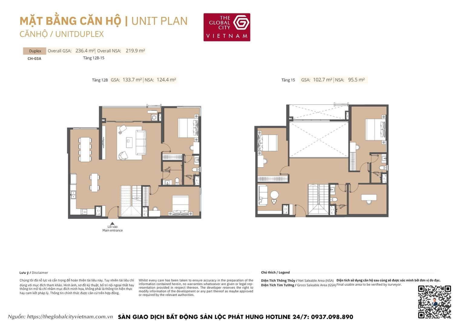 Mặt bằng chi tiết căn hộ Duplex CH-20 diện tích 75.6m2 - 99.8m2 Masteri Park Place - The Global City