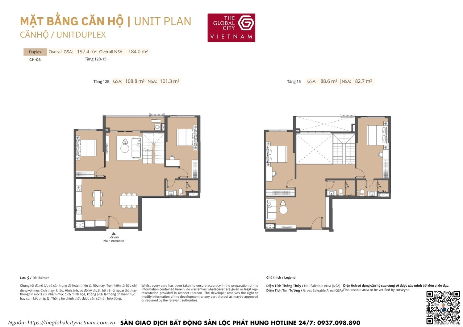 Mặt bằng chi tiết căn hộ Duplex CH-22 diện tích 75.3m2 - 75.4m2 Masteri Park Place - The Global City