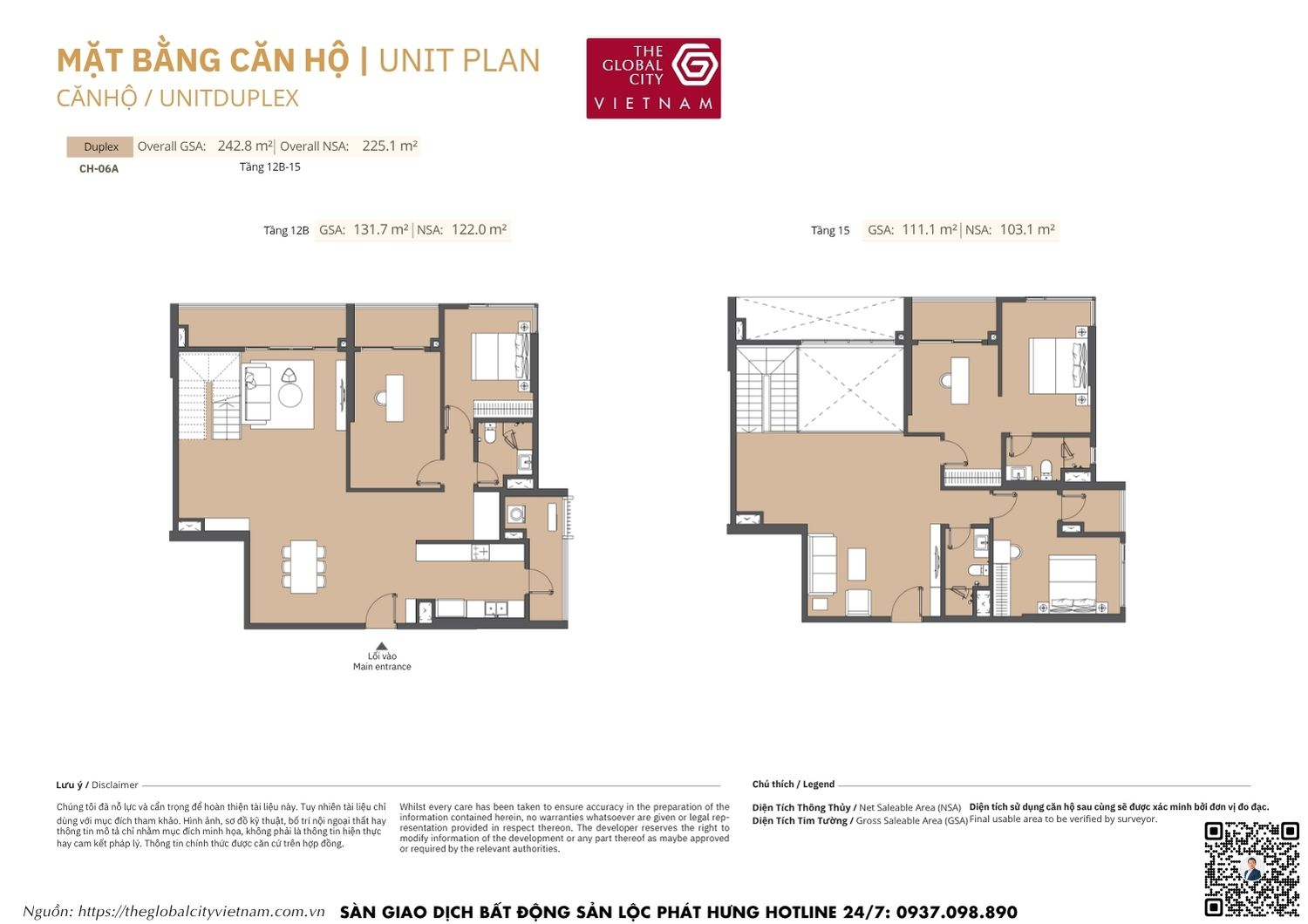 Mặt bằng chi tiết căn hộ Duplex CH-23 diện tích 69.1m2 - 69.3m2 Masteri Park Place - The Global City