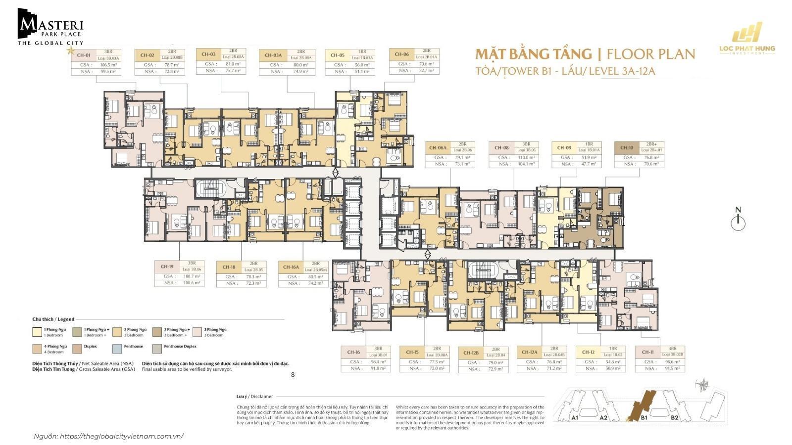 Mặt Bằng Tầng Level 
3A-12A Tòa B1 Căn Hộ Masteri Park Place