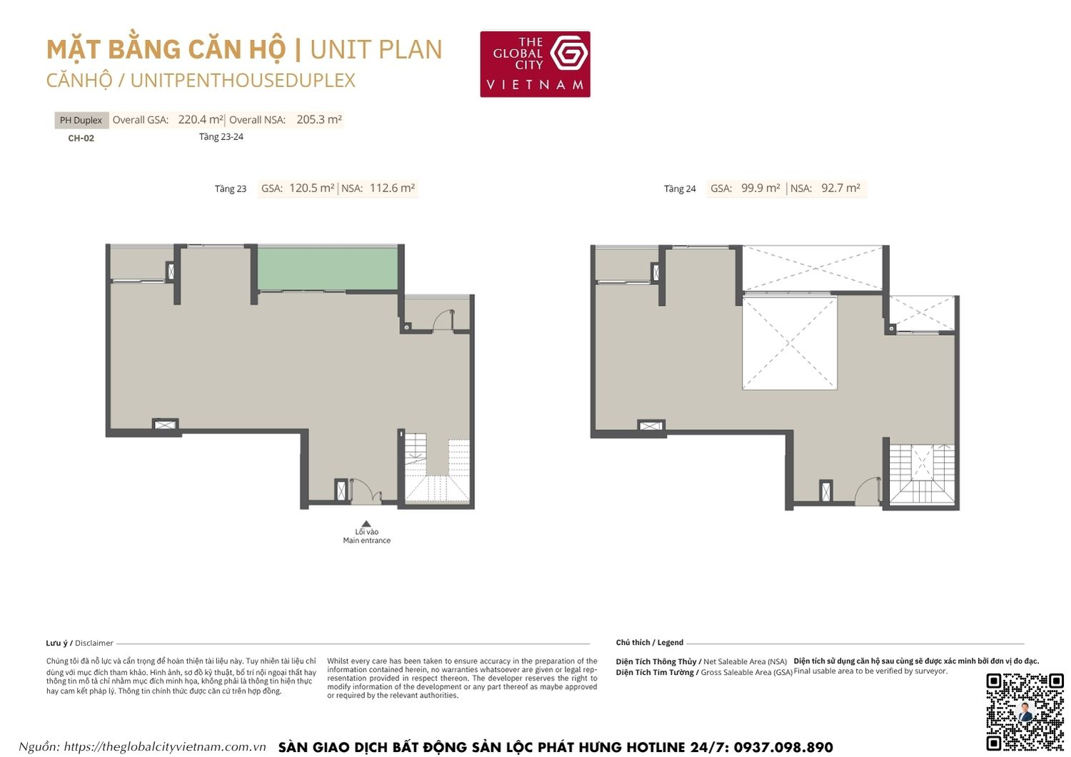 Mặt bằng chi tiết Penthouse Duplex CH-02 diện tích 92.7m2 - 112.6m2 Masteri Park Place - The Global City