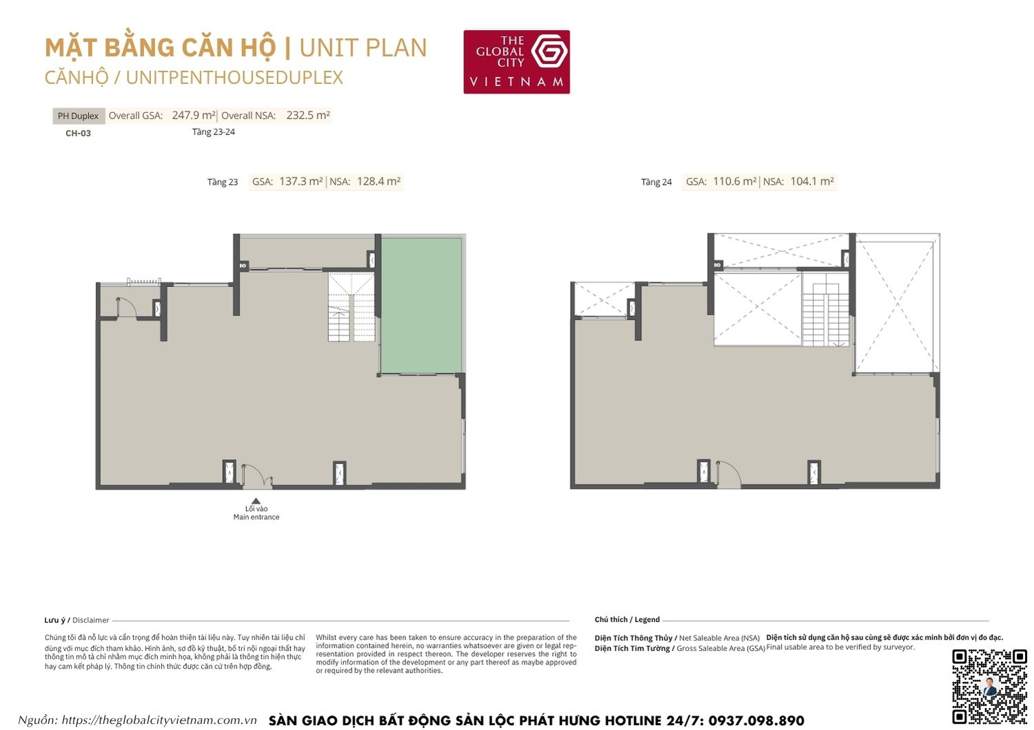 Mặt bằng chi tiết Penthouse Duplex CH-03 diện tích 104.1m2 - 128.4m2 Masteri Park Place - The Global City