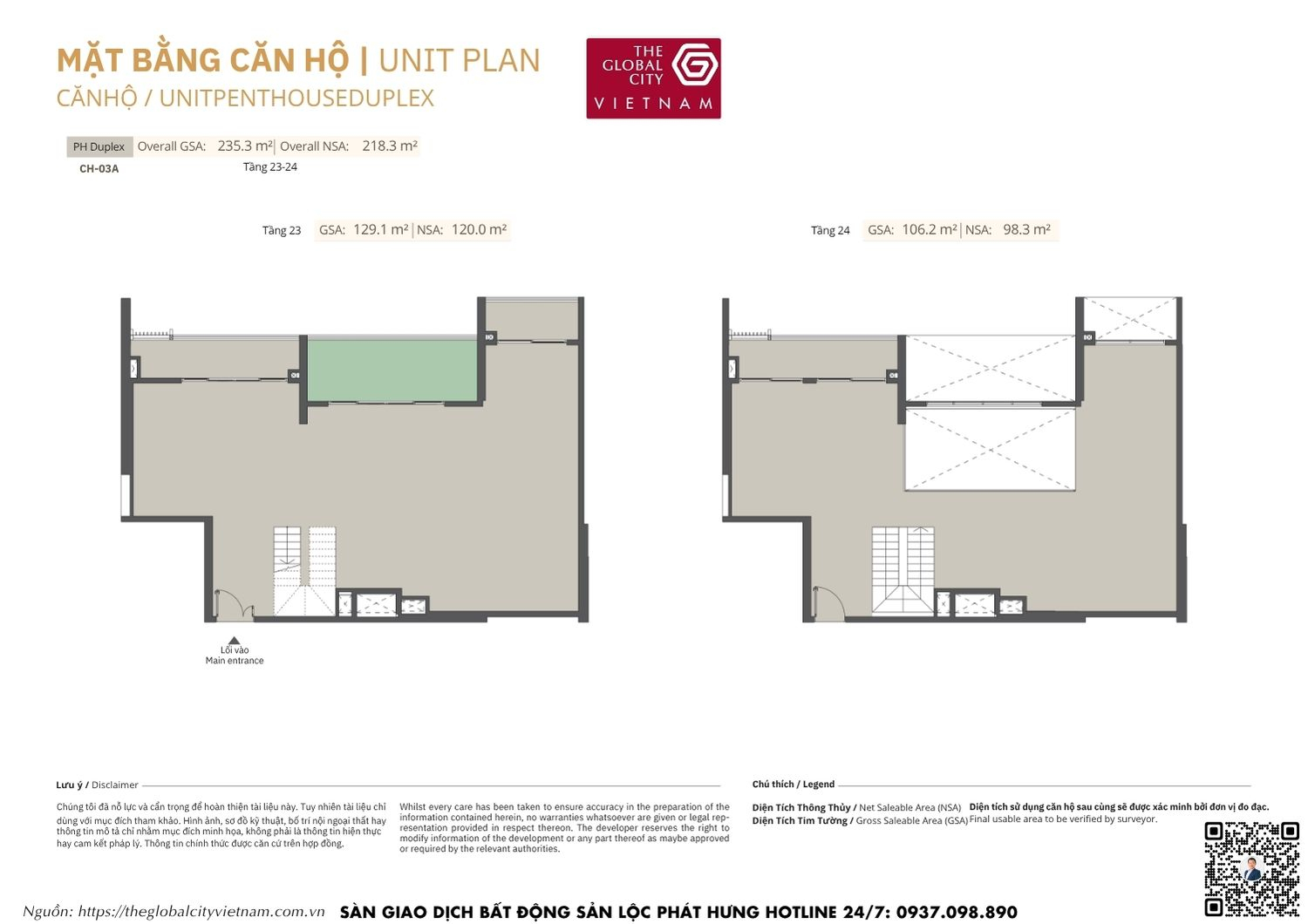 Mặt bằng chi tiết Penthouse Duplex CH-03A diện tích 98.3m2 - 120.0m2 Masteri Park Place - The Global City