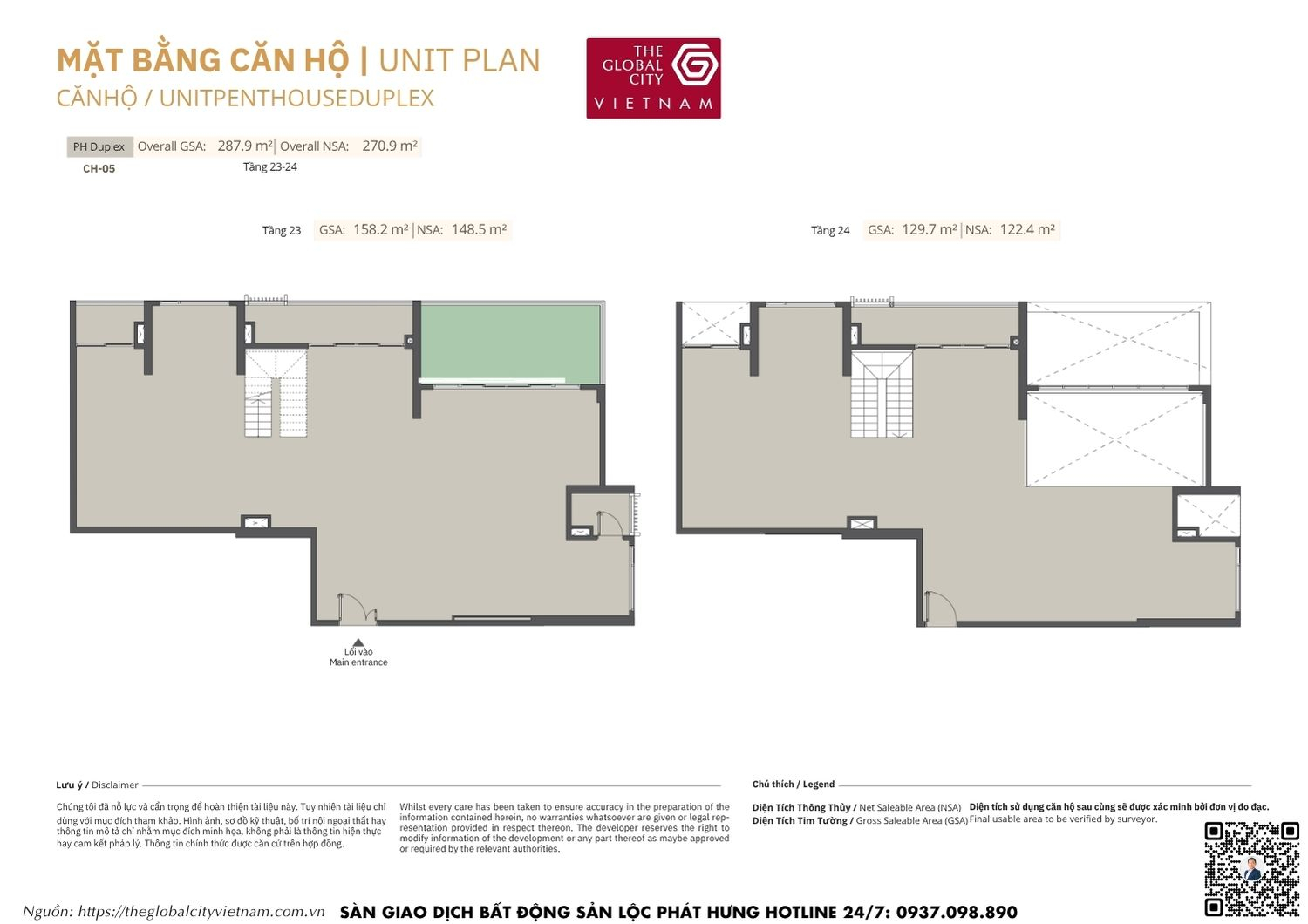 Mặt bằng chi tiết Penthouse Duplex CH-05 diện tích 122.4m2 - 148.5m2 Masteri Park Place - The Global City