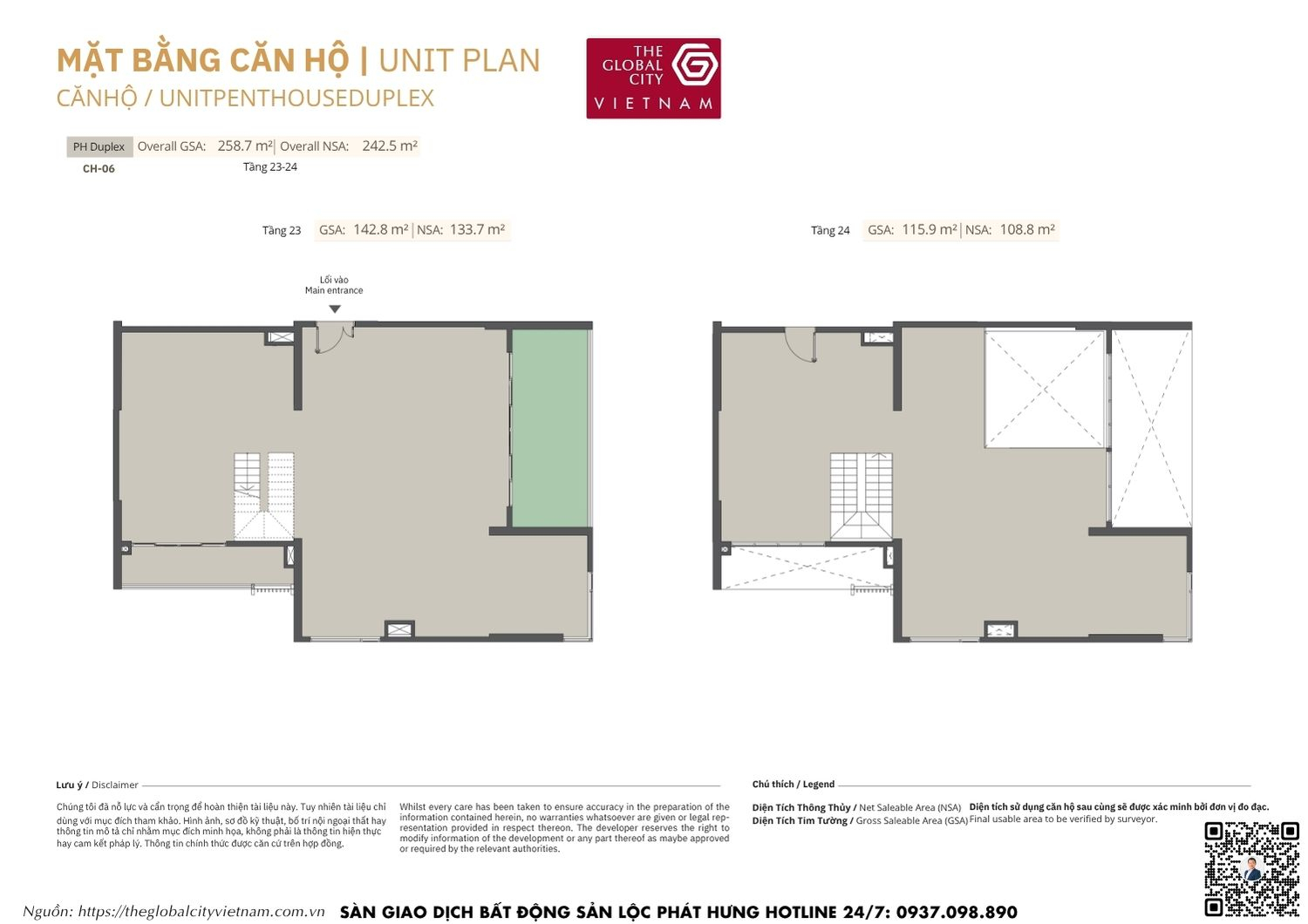 Mặt bằng chi tiết Penthouse Duplex CH-06 diện tích 108.8m2 - 133.7m2 Masteri Park Place - The Global City