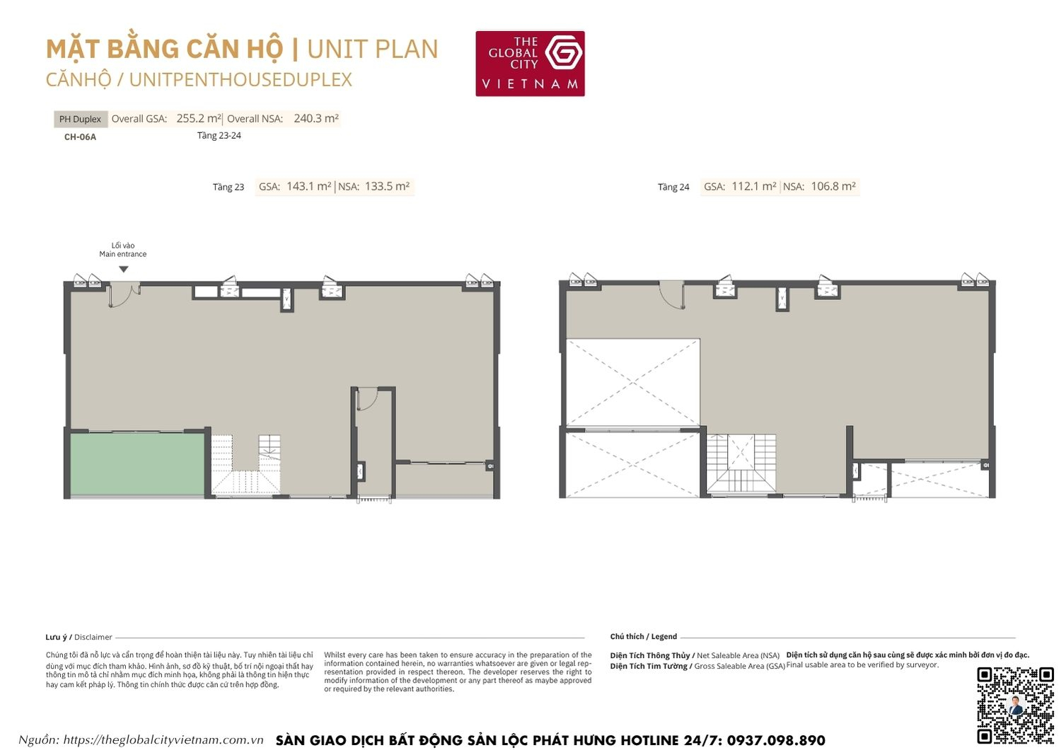 Mặt bằng chi tiết Penthouse Duplex CH-06A diện tích 106.8m2 - 133.5m2 Masteri Park Place - The Global City