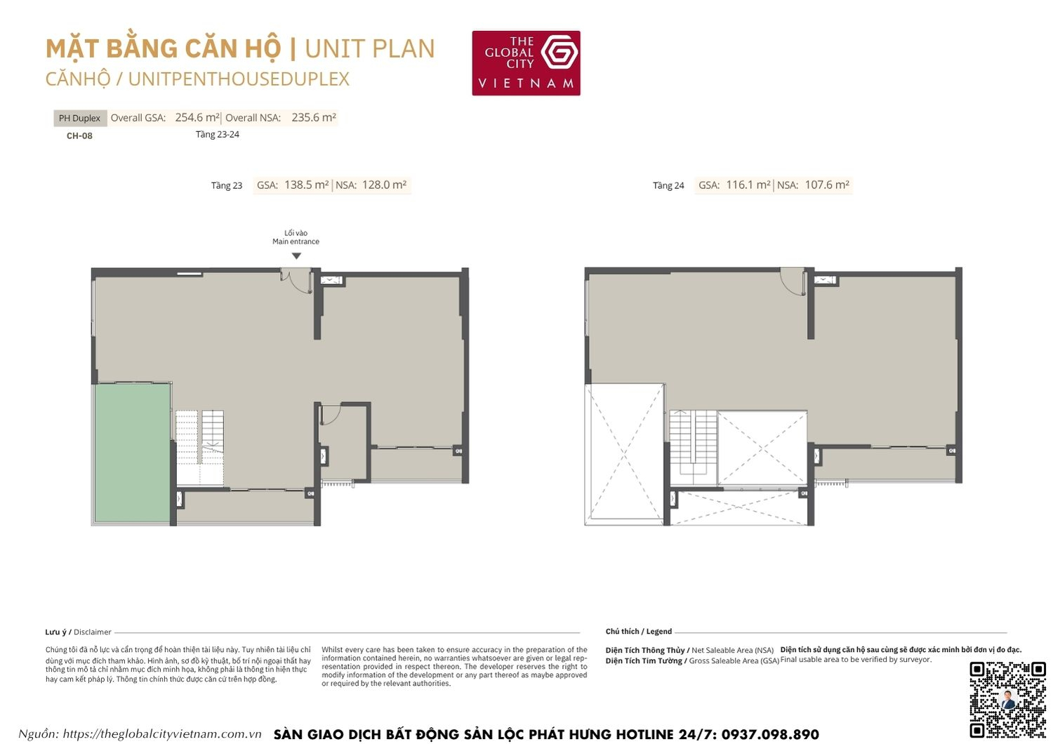 Mặt bằng chi tiết Penthouse Duplex CH-08 diện tích 107.6m2 - 128.0m2 Masteri Park Place - The Global City
