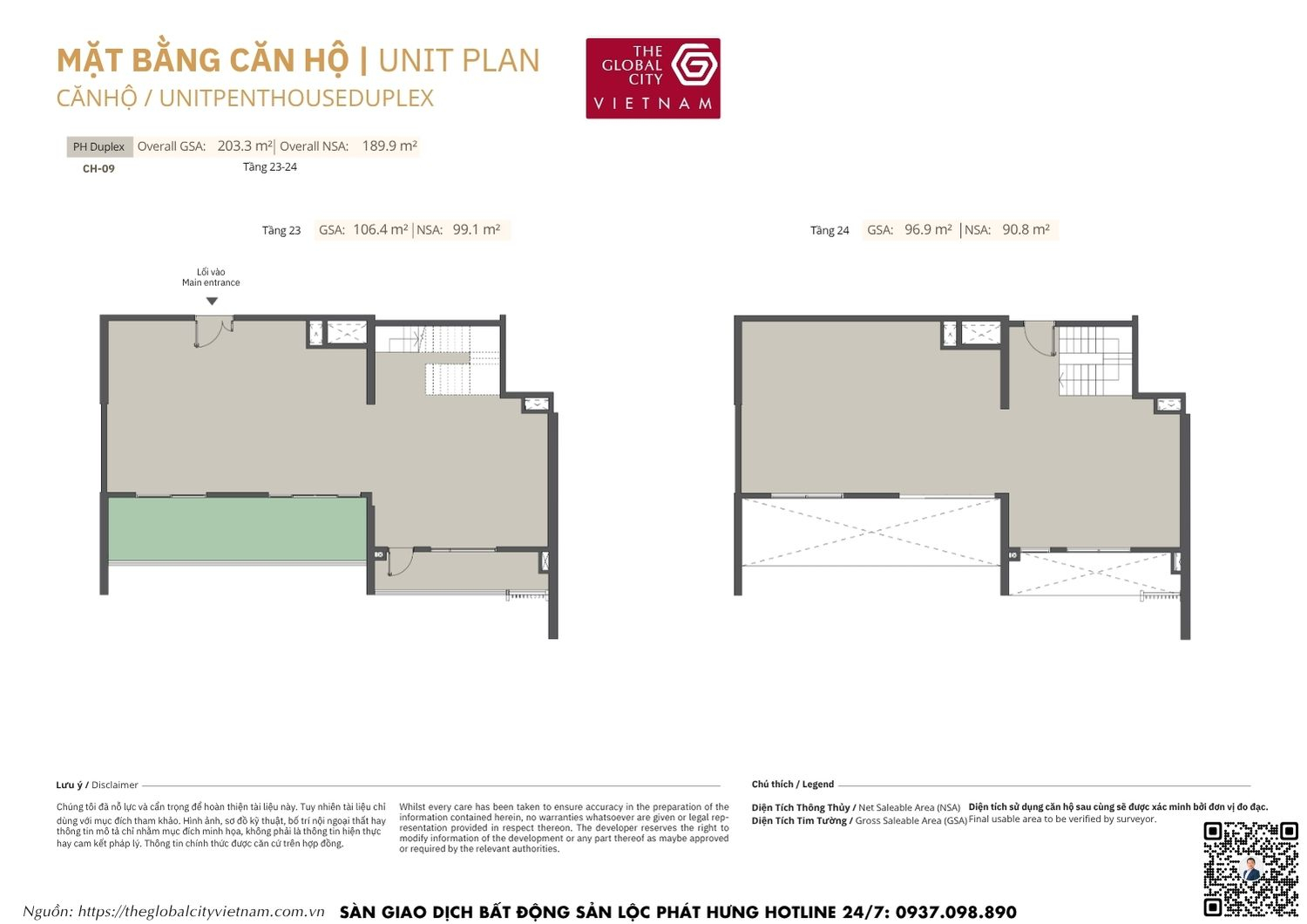 Mặt bằng chi tiết Penthouse Duplex CH-09 diện tích 90.8m2 - 99.1m2 Masteri Park Place - The Global City