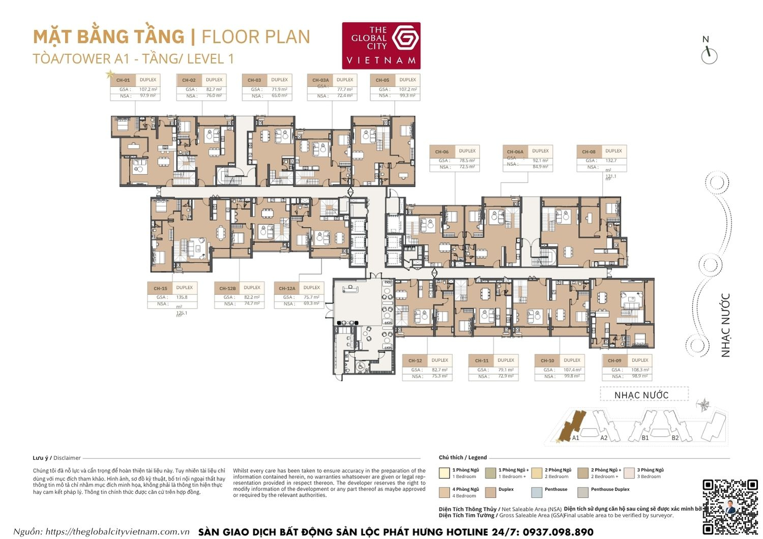 Mặt bằng tầng 01 căn hộ Tower A1 Masteri Park Place - The Global City Quận 2