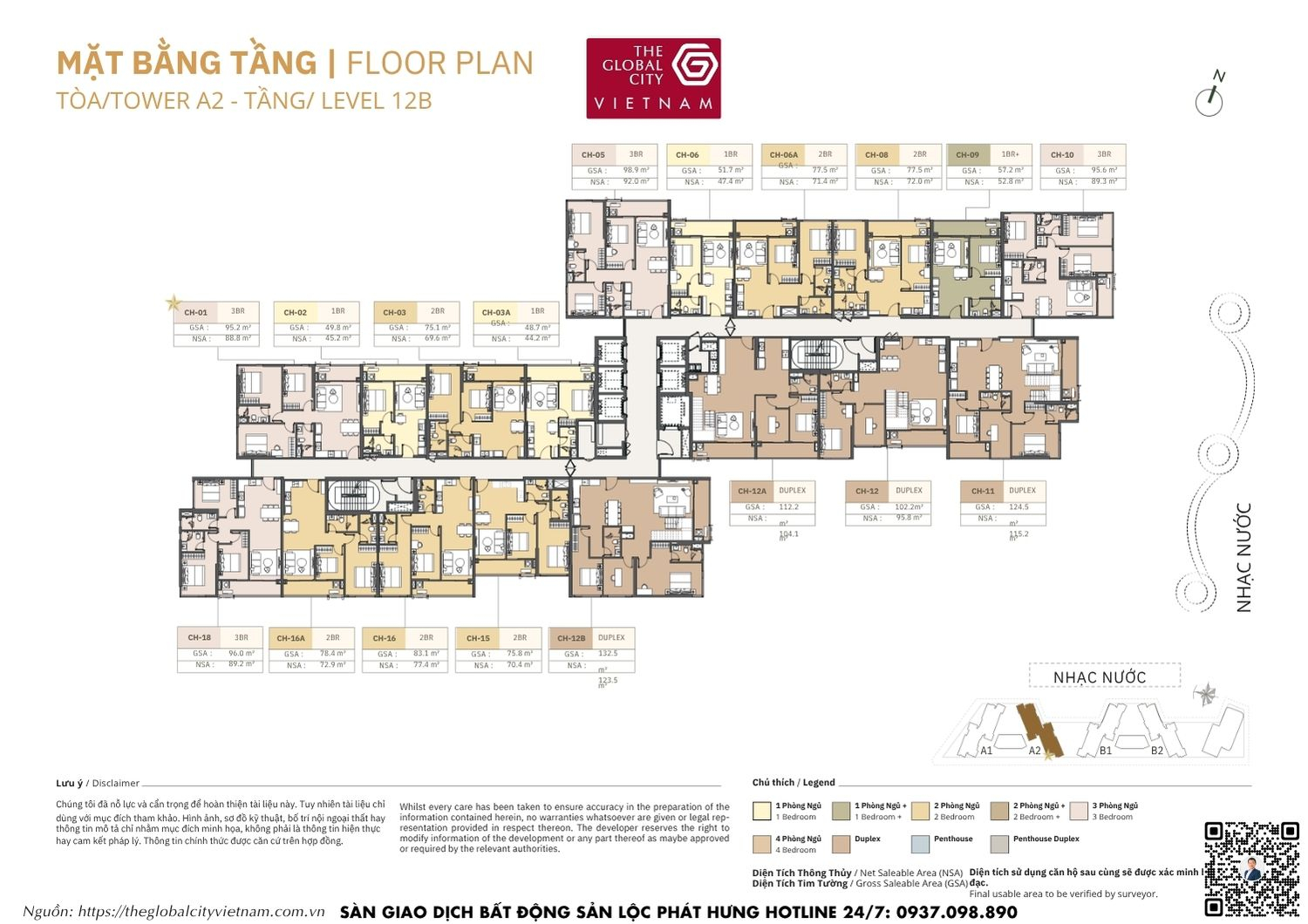 Mặt bằng tầng 12B Tower A2 Masteri Park Place - The Global City Quận 2