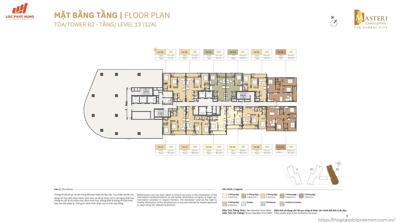Mặt Bằng Tầng 13 Tòa B2 Masteri Cosmo Central The Global City